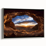 Framed canvas artwork showcasing a stunning landscape of caves, featuring a silver frame that highlights the intricate details and colors, perfect for home decor.