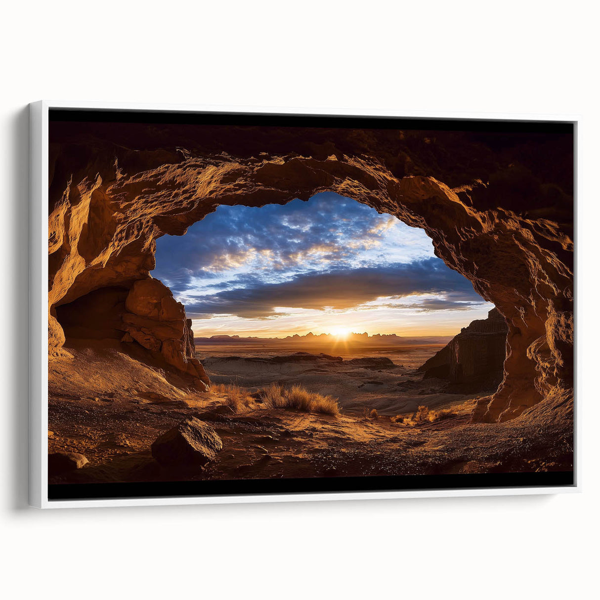 Framed canvas artwork showcasing a serene cave landscape with rich earthy tones, displayed from a side view against a white background, ideal for home decor.