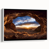 Framed canvas artwork showcasing a serene cave landscape with rich earthy tones, displayed from a side view against a white background, ideal for home decor.