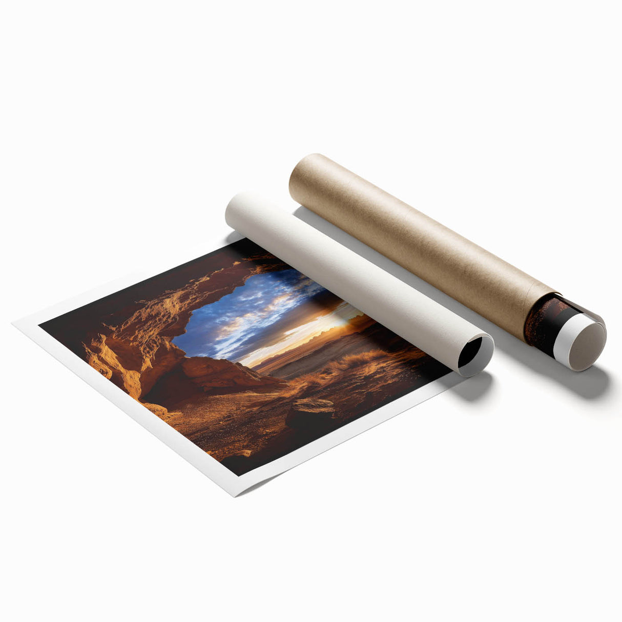 Stunning rolled print showcasing a serene landscape with intricate cave formations and earthy tones, presented in a protective cardboard tube for easy display.