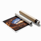 Stunning rolled print showcasing a serene landscape with intricate cave formations and earthy tones, presented in a protective cardboard tube for easy display.