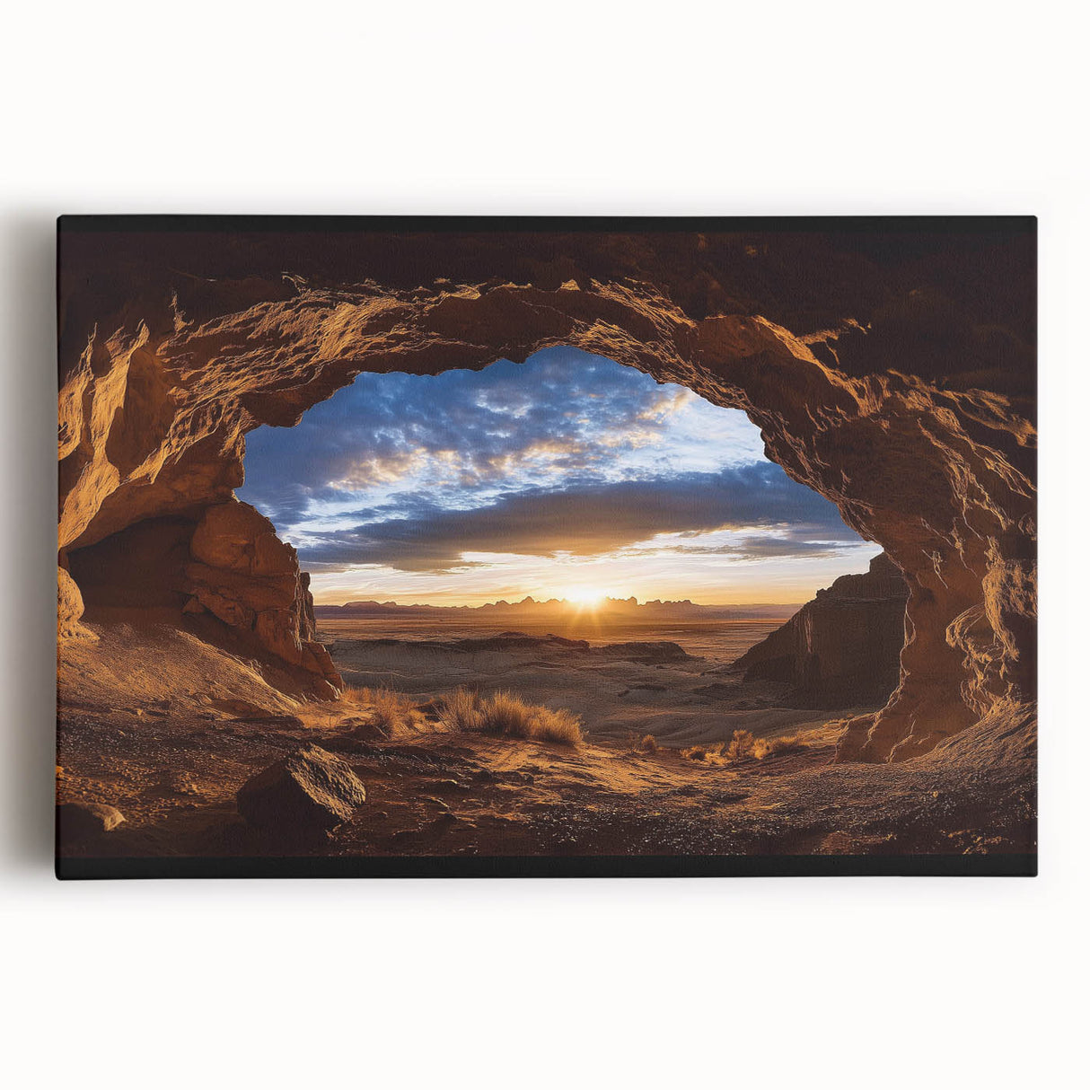 Stretched canvas print showcasing a captivating cave landscape with rich earth tones and intricate textures, perfect for enhancing home decor and art collections.