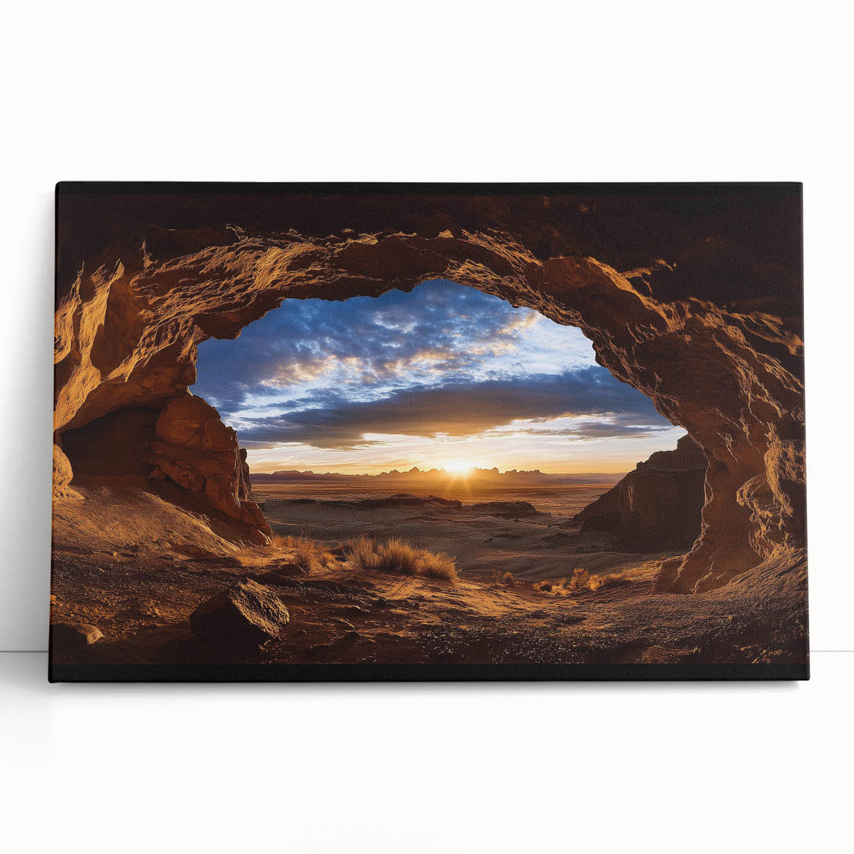 Stretched canvas artwork depicting a serene landscape with cave formations, showcasing earthy tones and intricate textures, perfect for enhancing home décor.