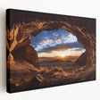 Stretched canvas artwork depicting a serene landscape of caves with earthy tones and intricate details, ideal for nature lovers and home decor enthusiasts.