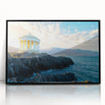 Framed acrylic artwork depicting a dramatic landscape with cliffs, showcasing vibrant colors and intricate details, perfect for enhancing modern home decor.