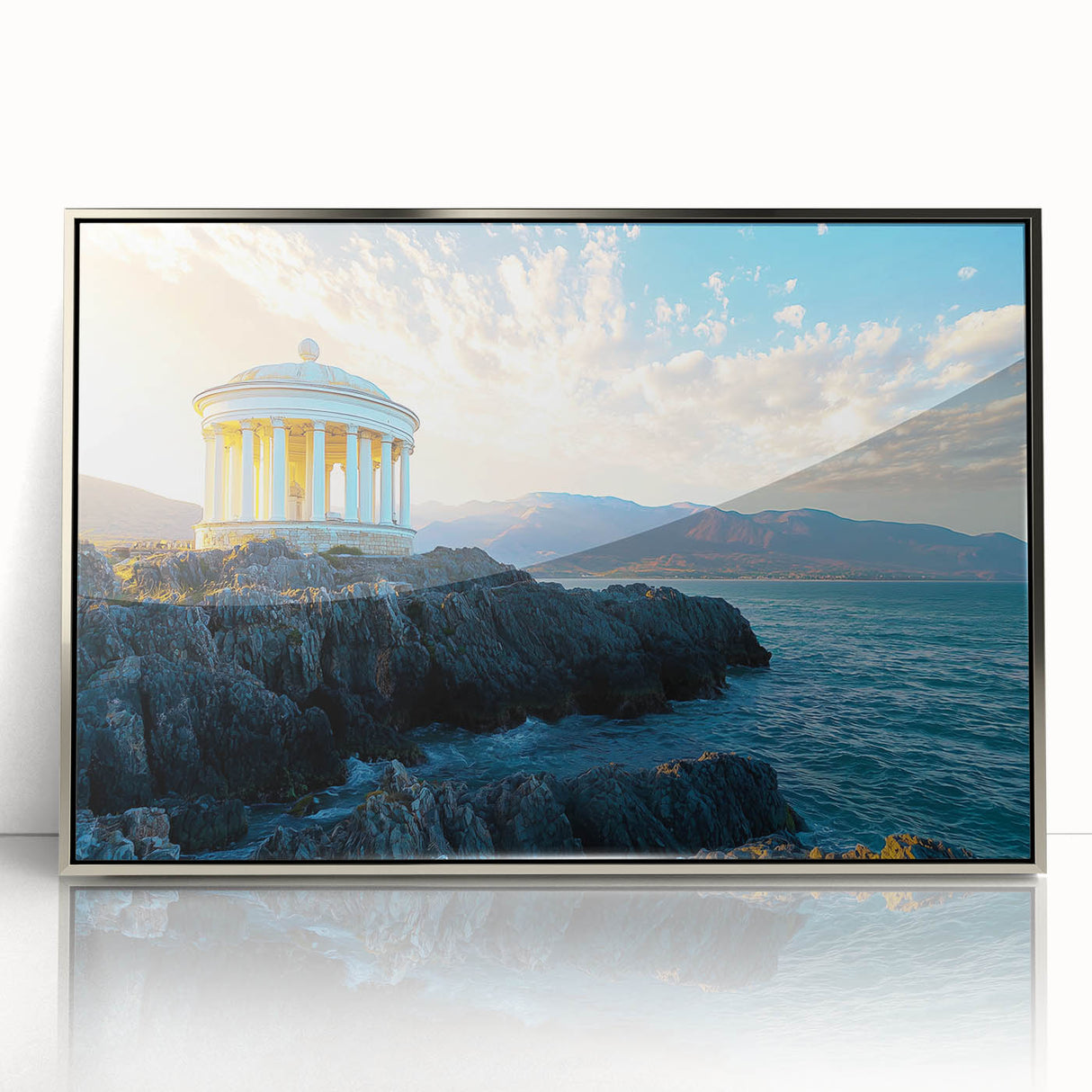 Framed acrylic artwork showcasing a stunning cliff landscape in silver tones, perfect for enhancing modern home décor. Ideal for nature enthusiasts and art collectors.