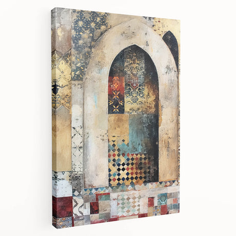 Abstract architectural wall art on stretched canvas showcasing geometric patterns in muted tones, with a side view highlighting its depth and texture, ideal for modern decor.