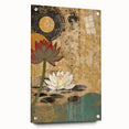 Abstract floral wall art print on acrylic glass, showcasing vibrant colors and intricate designs, elegantly displayed with metal pins on a neutral wall background. Ideal for modern home decor.
