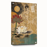 Abstract floral wall art print on acrylic glass, showcasing vibrant colors and intricate designs, elegantly displayed with metal pins on a neutral wall background. Ideal for modern home decor.