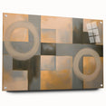 Abstract geometric acrylic glass artwork showcasing vibrant colors and intricate designs, viewed from the side with decorative pins, ideal for modern interior decor.