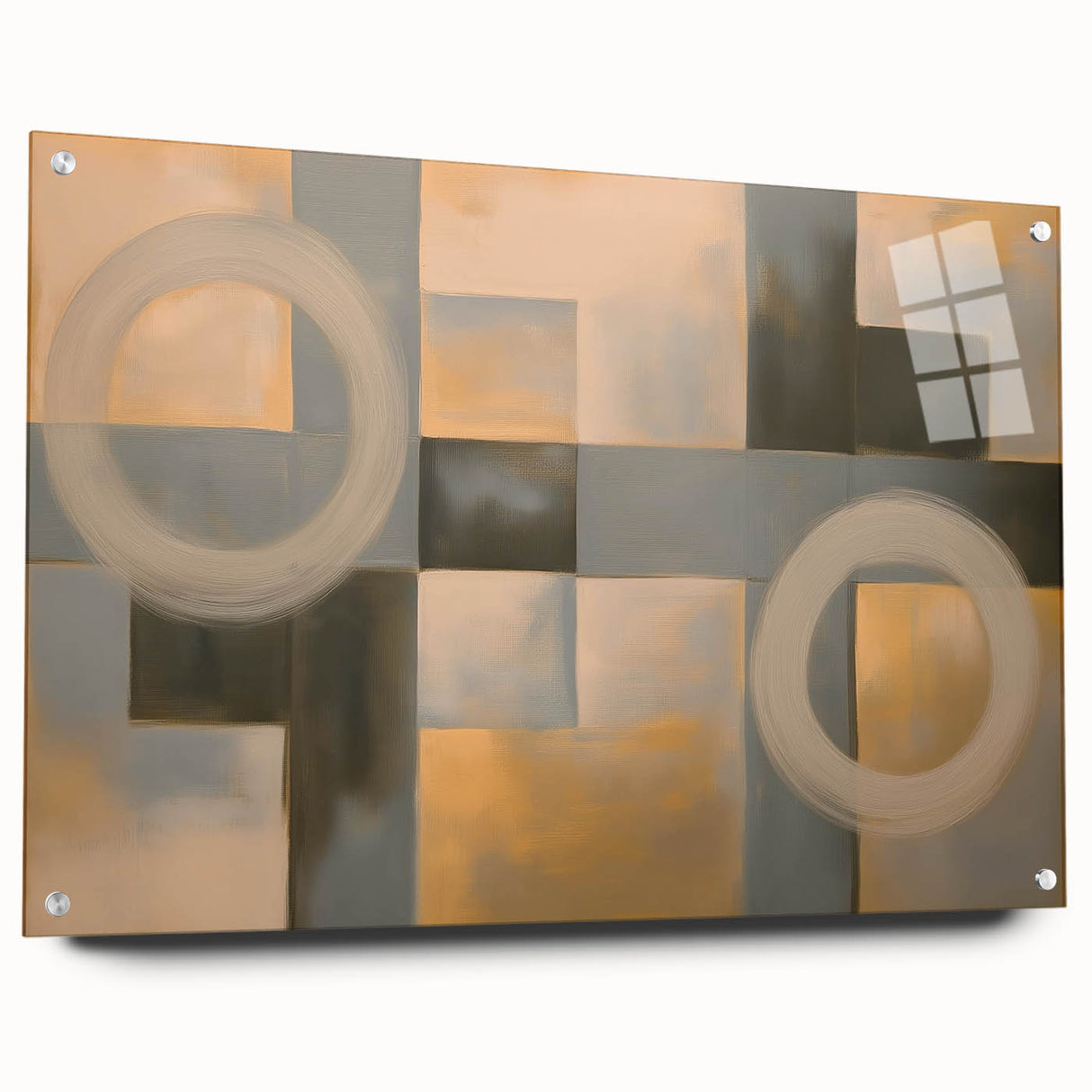 Abstract geometric acrylic glass artwork showcasing vibrant colors and intricate designs, viewed from the side with decorative pins, ideal for modern interior decor.