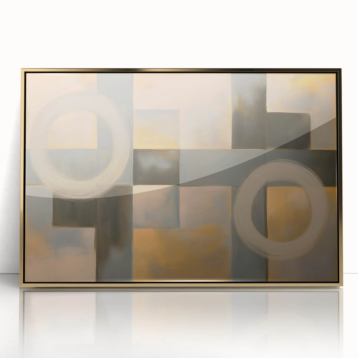 Framed acrylic wall art featuring a modern abstract geometric design in gold and black, ideal for contemporary home decor and stylish interiors.