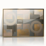 Framed acrylic wall art featuring a modern abstract geometric design in gold and black, ideal for contemporary home decor and stylish interiors.