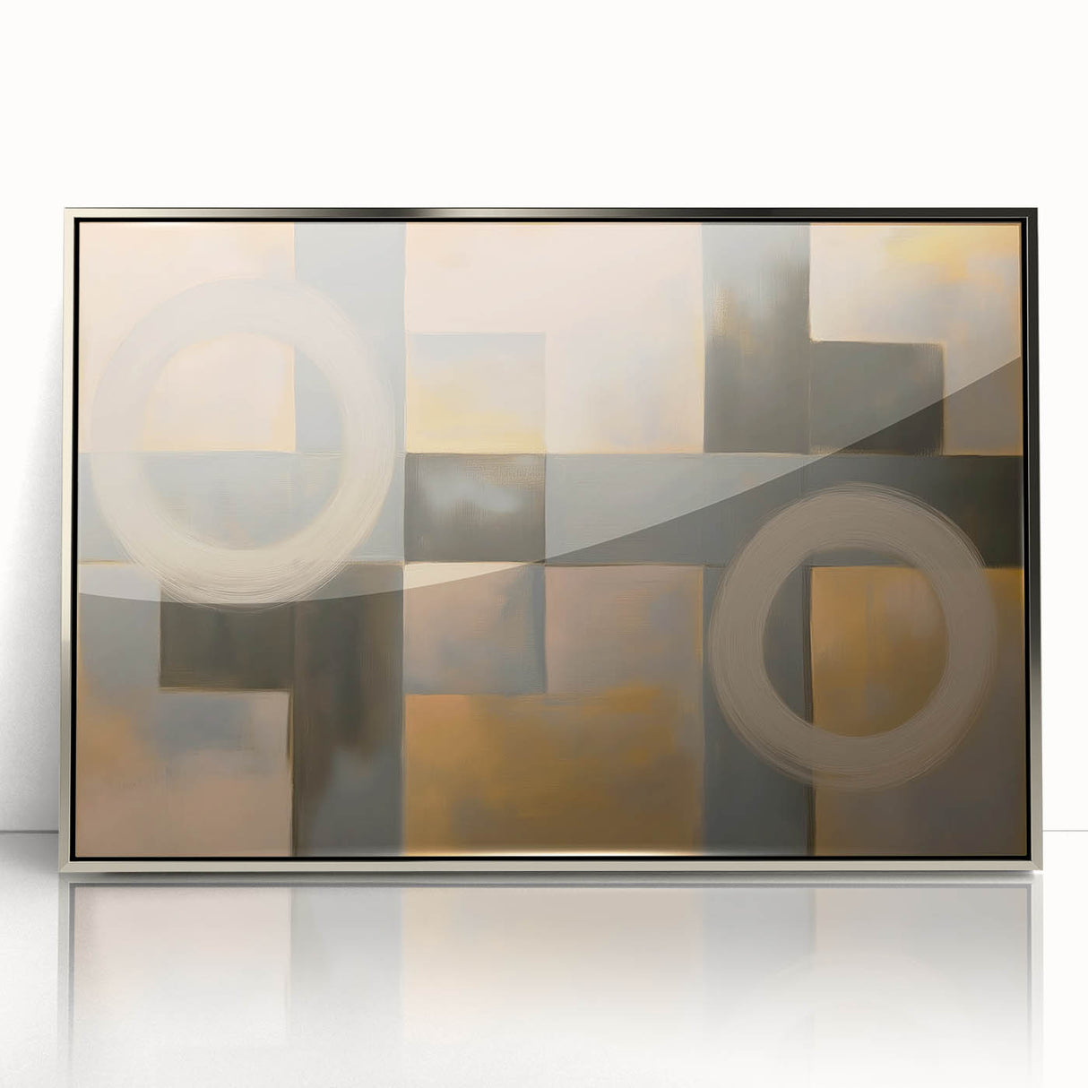 Framed acrylic artwork featuring an abstract geometric design in silver tones, ideal for modern decor. Perfect for enhancing contemporary living spaces.