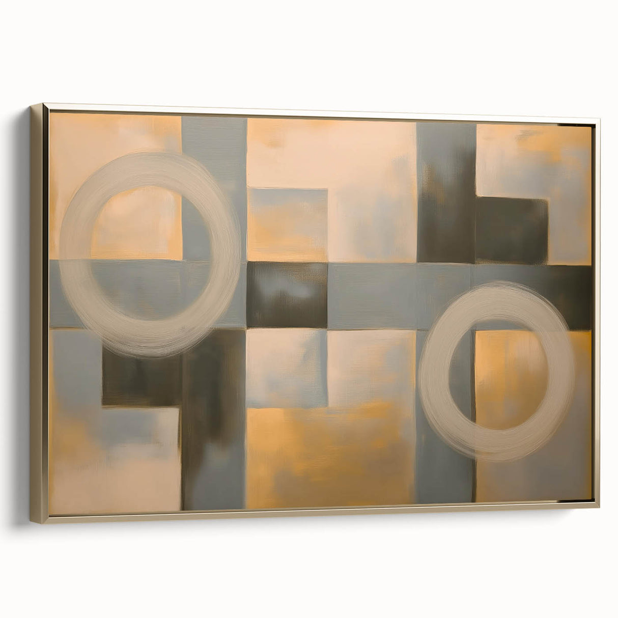 Abstract geometric framed canvas artwork showcasing a striking gold design, viewed from the side, emphasizing bold lines and modern aesthetics, perfect for contemporary decor.
