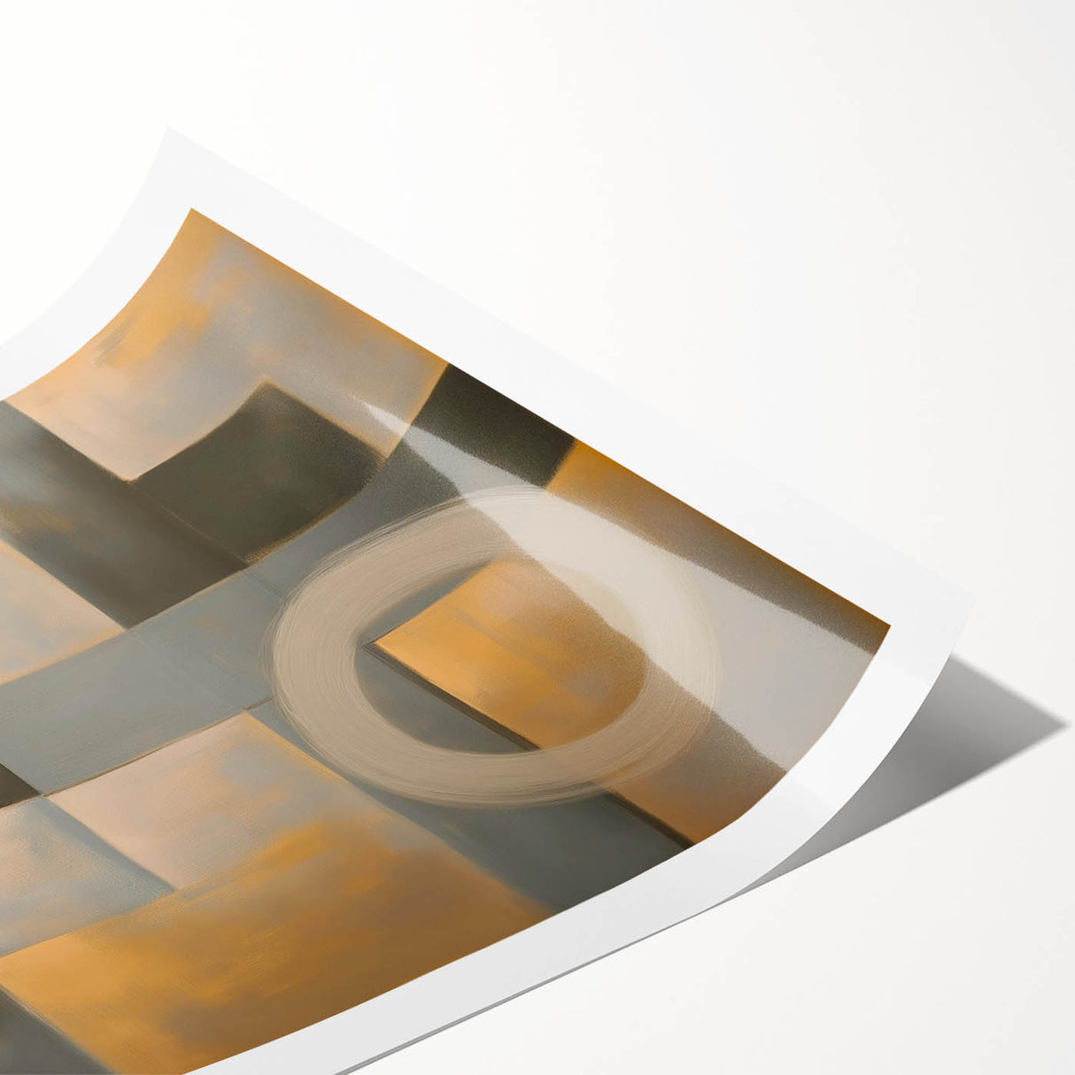 Abstract geometric rolled print showcasing vibrant shades of blue, orange, and yellow in a modern design, ideal for contemporary home decor.
