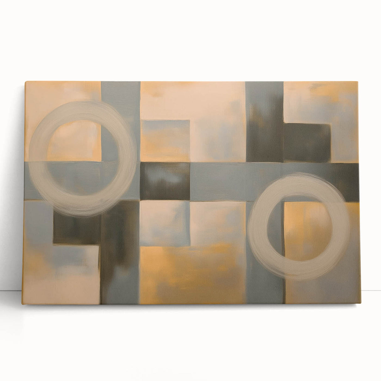 Abstract geometric canvas art featuring vibrant colors and bold shapes, ideal for modern interior decor. This artwork leans against a neutral wall, enhancing any space's aesthetic appeal.