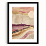Abstract landscape wall art framed in black, featuring vibrant colors and geometric shapes, perfect for modern home decor and artistic interiors.