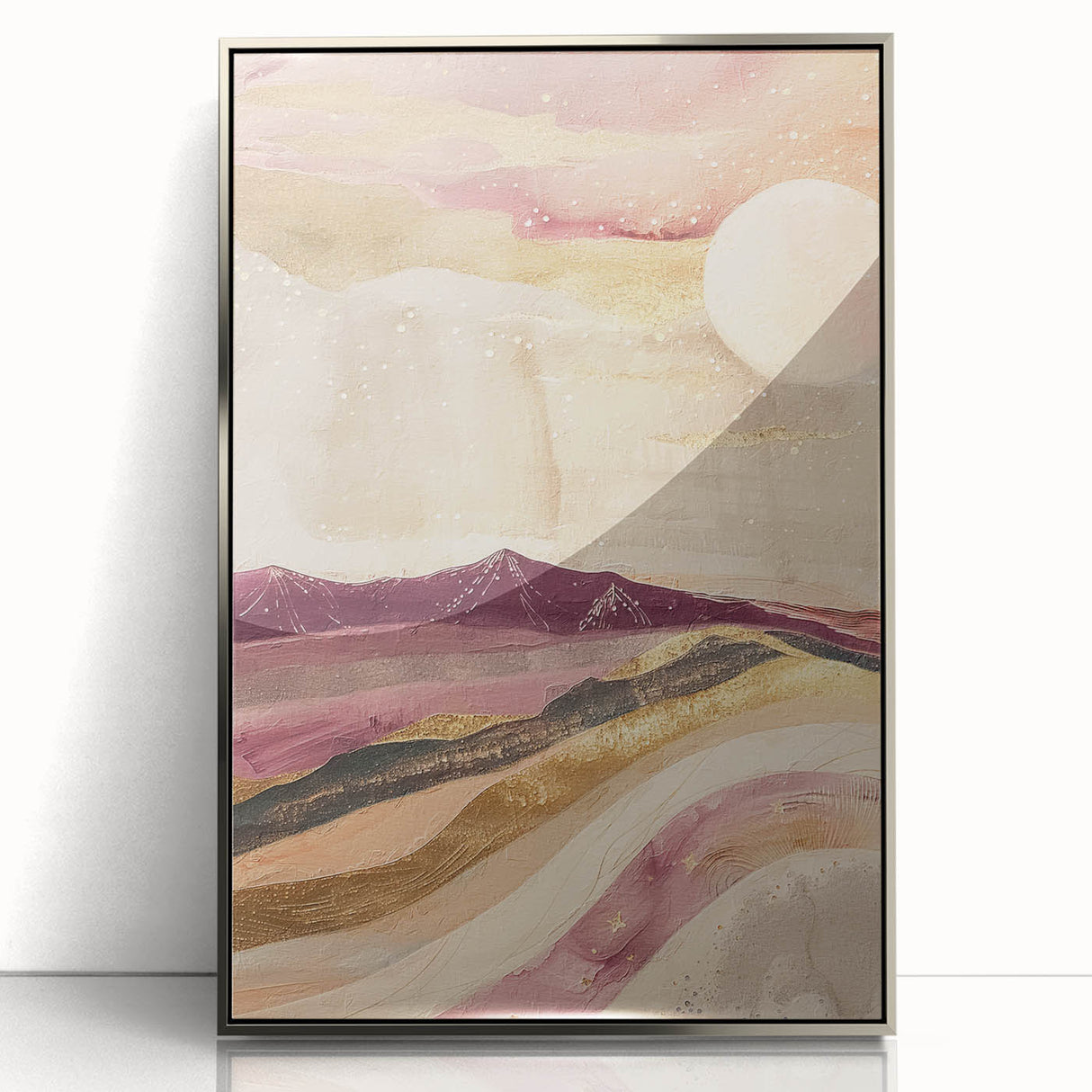 Framed abstract landscape wall art showcasing a silver-acrylic finish, featuring swirls of blue and green, perfect for modern home decor and art enthusiasts.