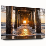 Acrylic landscape artwork depicting serene beach scene with vibrant colors, displayed in a sleek glass frame and secured with decorative pins, ideal for home decor.