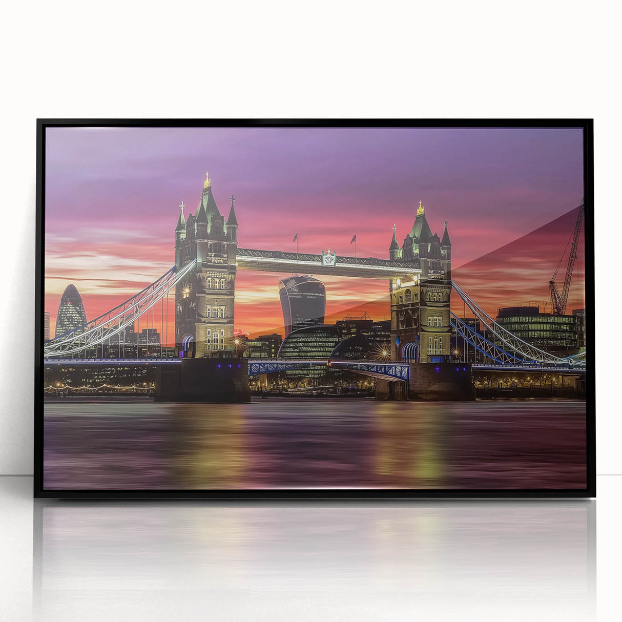 Framed landscape artwork showcasing a scenic bridge view, printed on high-quality acrylic with a sleek black frame, perfect for modern home decor.
