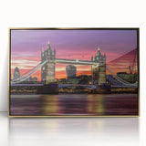 Framed acrylic artwork depicting a vibrant landscape bridge scene in gold tones, elegantly displayed against a neutral background, perfect for modern home decor.