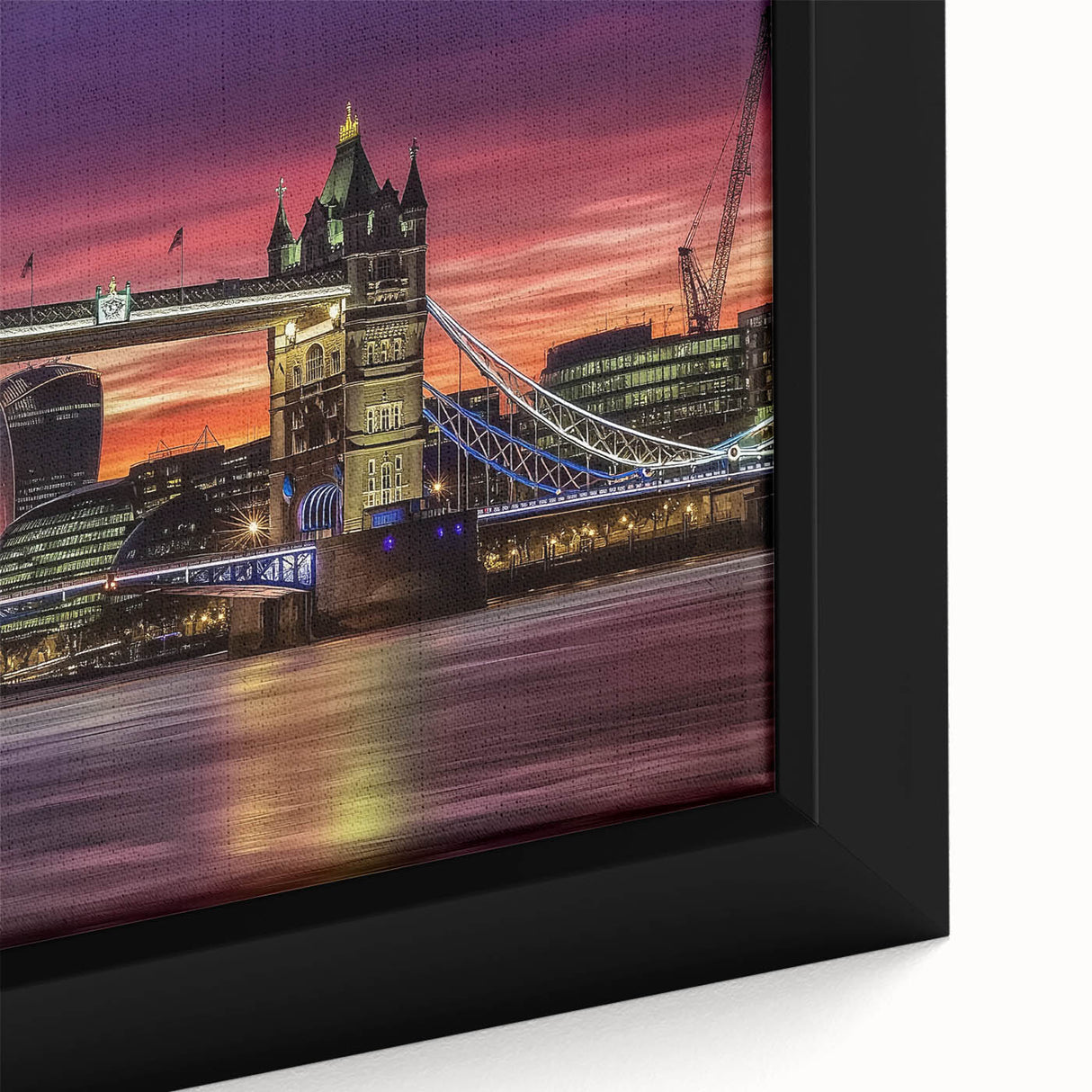 Close-up view of a framed landscape canvas print showcasing a serene bridge scene surrounded by lush greenery and vibrant colors, perfect for home decor.