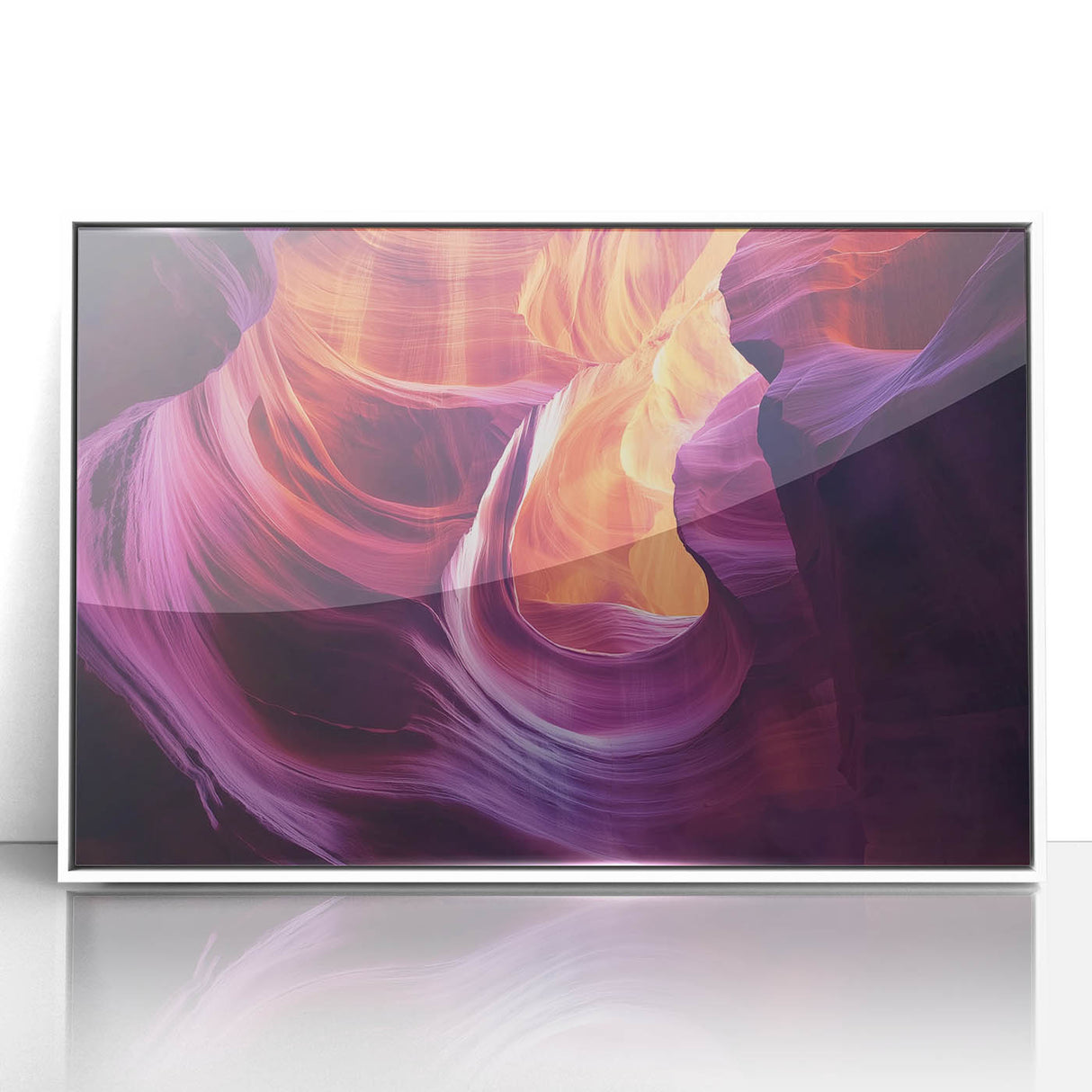 Framed acrylic artwork depicting a stunning landscape of canyons, featuring rich earth tones and vibrant hues, perfect for enhancing home decor with natural beauty.