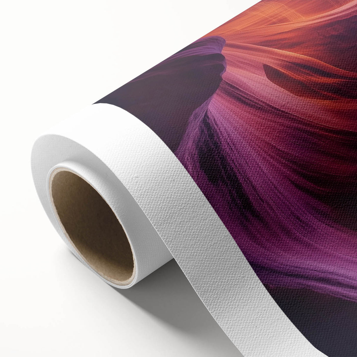 Stunning rolled canvas artwork depicting a vibrant landscape of canyons at sunset, showcasing rich colors and intricate details, perfect for home decor.