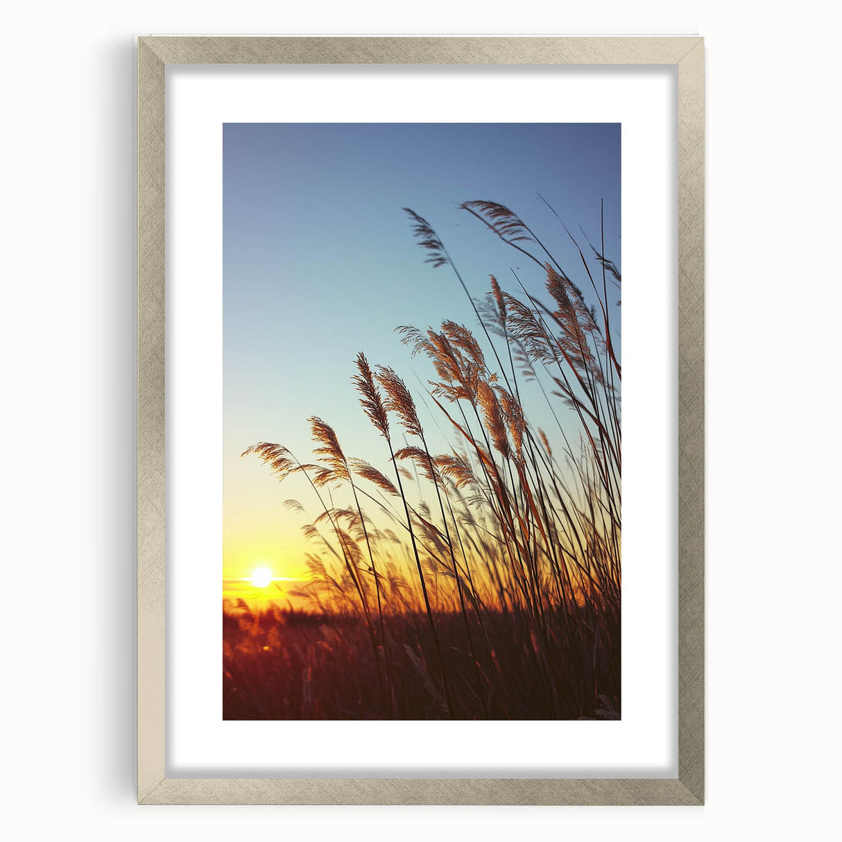 Framed countryside landscape artwork in a silver mat, showcasing serene rolling hills and vibrant greenery, perfect for home decor and nature enthusiasts.