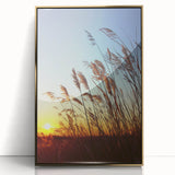 Framed acrylic landscape art showcasing a serene countryside scene with golden accents, perfect for enhancing home decor and creating a calming atmosphere.