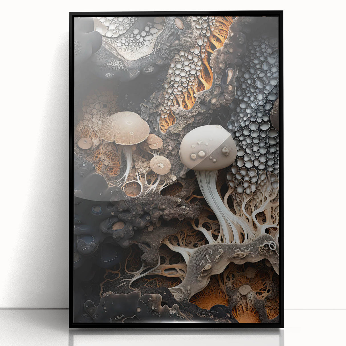 Large abstract wall art in mid-century modernist style, featuring swirling black and white patterns on a framed acrylic.