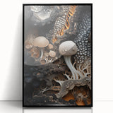 Large abstract wall art in mid-century modernist style, featuring swirling black and white patterns on a framed acrylic.