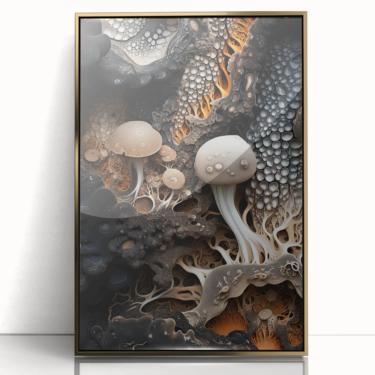 Large art print featuring mid-century modernist abstract design in gold and black hues on acrylic.
