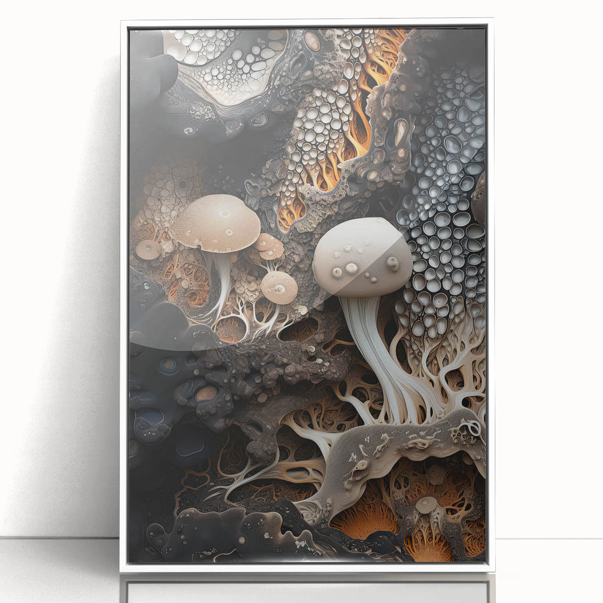 Art deco poster featuring geometric shapes in muted gold and white tones on acrylic, ideal for nursery wall decor.