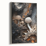 Framed canvas featuring a vintage landscape painting with vibrant colorful elements on a black background.