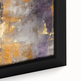 Abstract wall art close-up featuring vibrant strokes in shades of blue, orange, and gold, framed elegantly for modern home decor, enhancing interior aesthetics.