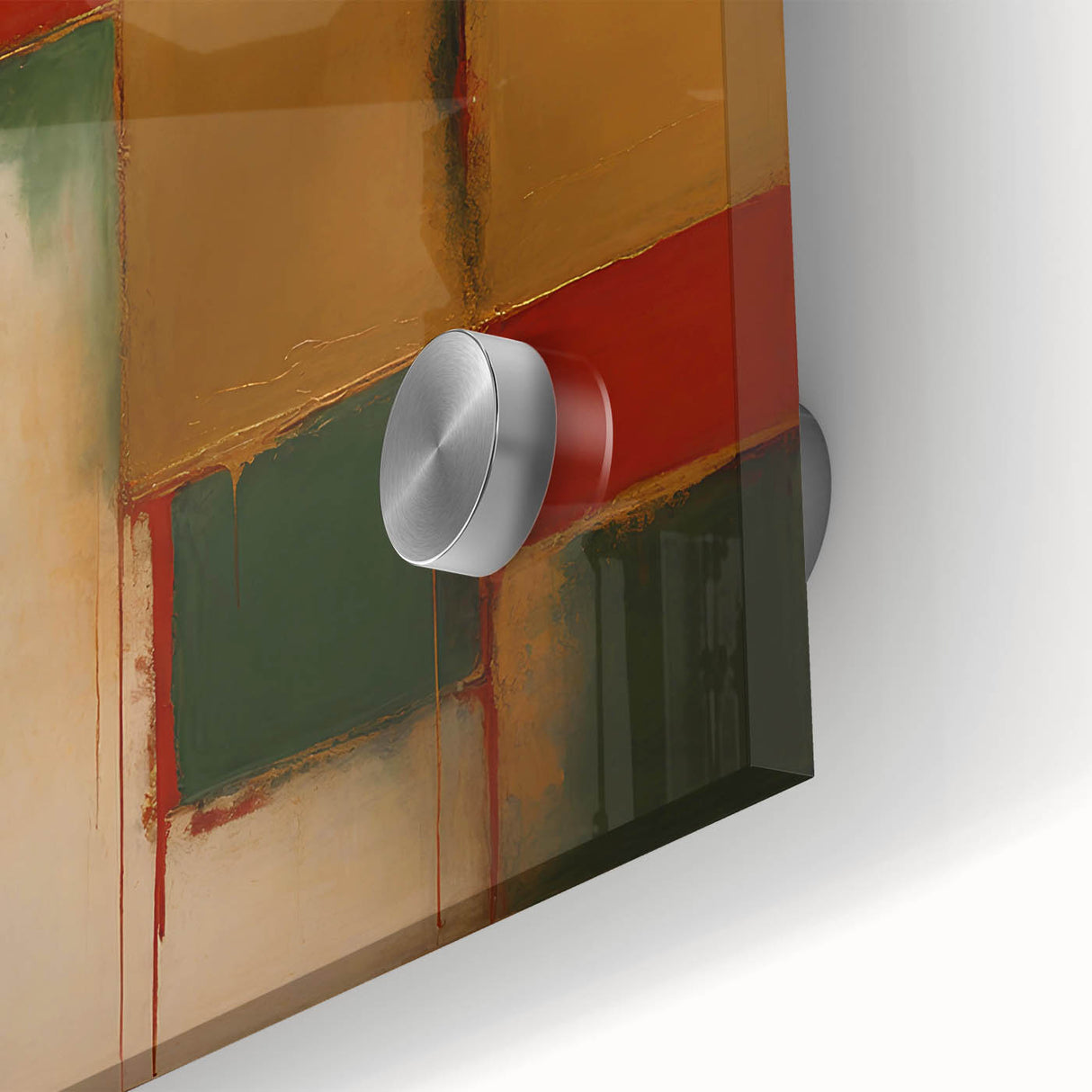 Abstract wall art featuring colorful strokes in shades of blue, yellow, and pink, set on a smooth acrylic glass surface, perfect for modern decor.