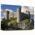 Acrylic glass artwork depicting a stunning landscape with a castle, presented in a sleek side view, showcasing vibrant colors and detailed textures, perfect for home decor.
