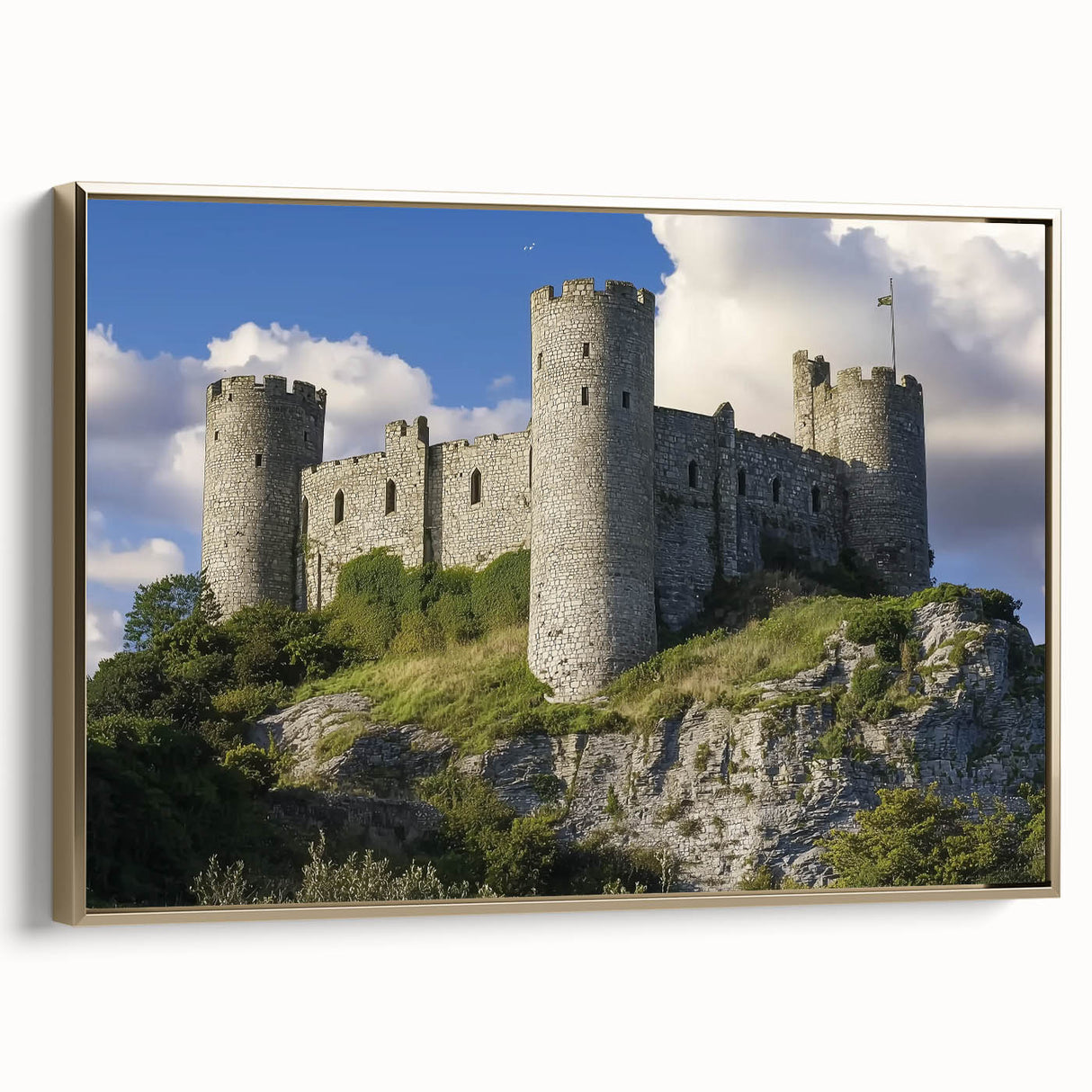Framed canvas artwork showcasing a stunning landscape with a castle, featuring a gold frame and side view, perfect for enhancing home decor and elegance.