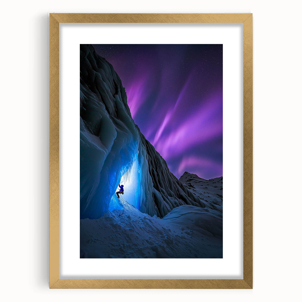 Framed landscape artwork featuring a scenic cave view, adorned with a gold matting, perfect for adding elegance to home decor. Ideal for nature lovers and art enthusiasts.