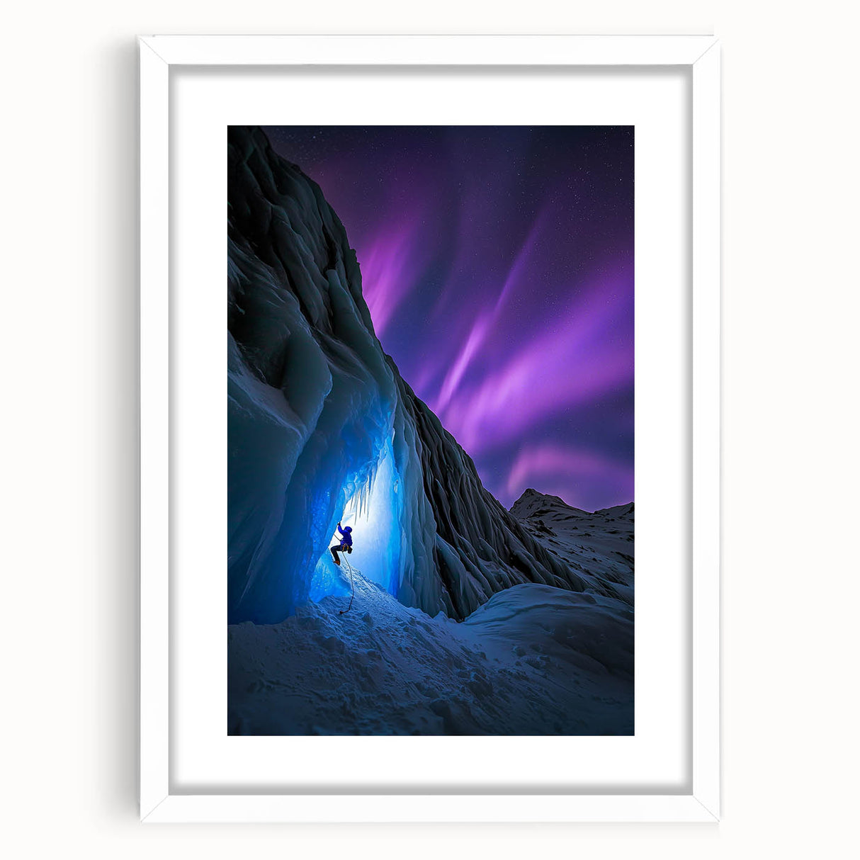 Framed landscape art print showcasing a cave scene with intricate details, surrounded by a white mat, ideal for home or office decor. Perfect blend of nature and artistry.