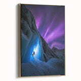 Framed canvas artwork depicting a stunning landscape with intricate cave formations, featuring a gold side trim that enhances its elegance, ideal for modern decor.