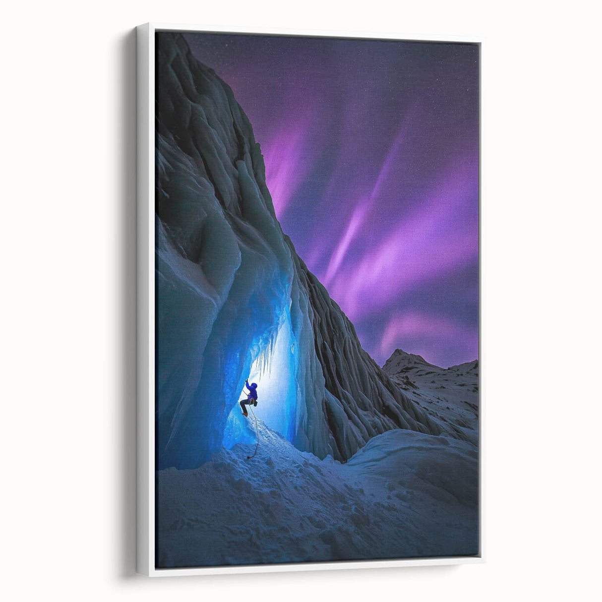 Framed canvas art depicting a serene landscape with caves, showcasing earthy tones of brown and green, set against a white backdrop, ideal for home decoration.