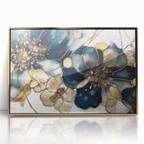 Framed wall art featuring abstract floral design in vibrant colors with gold accents, perfect for modern home decor, adding elegance and sophistication.