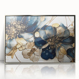 Framed abstract floral wall art featuring vibrant colors and intricate designs, set in a sleek silver frame, ideal for modern home decor.