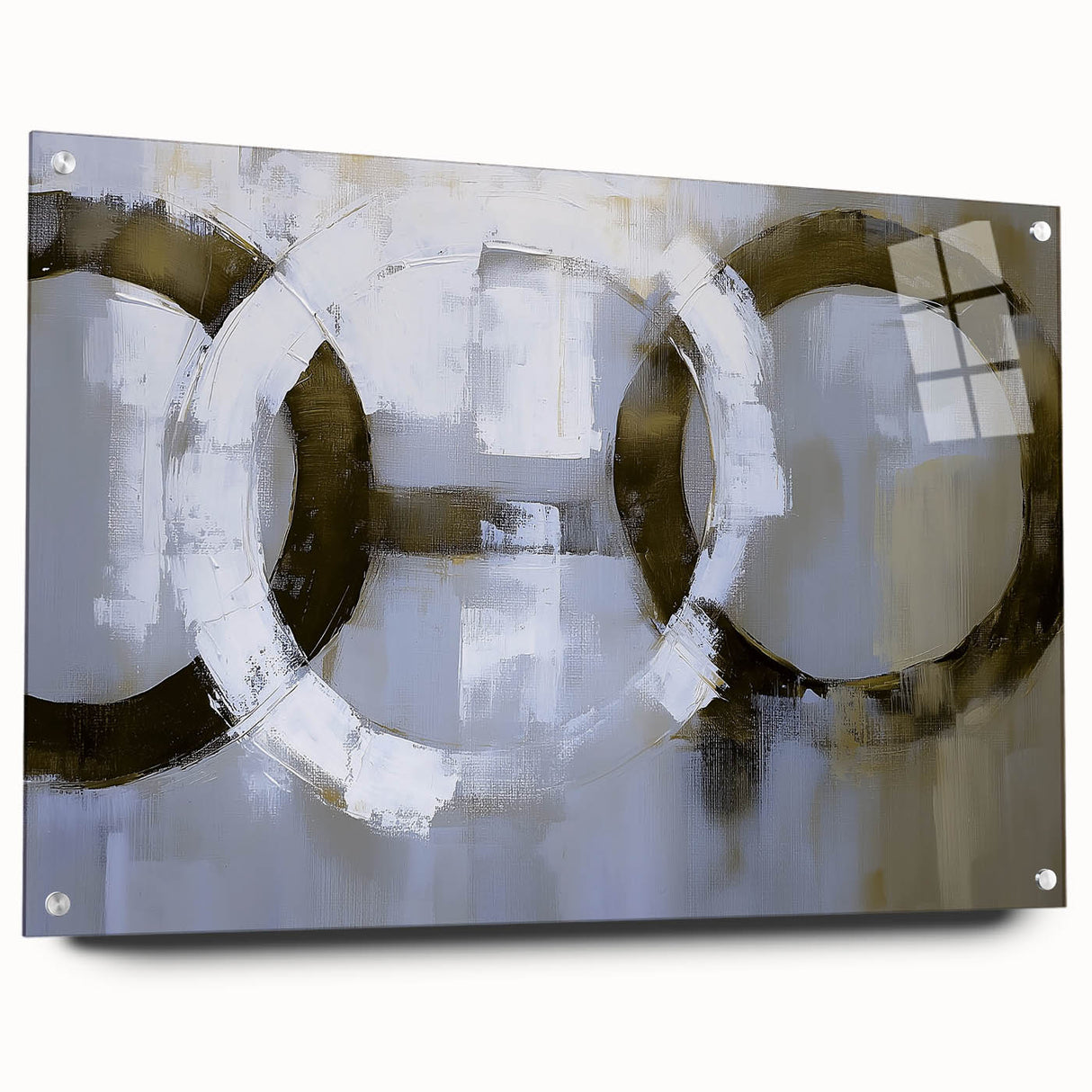 Abstract geometric acrylic glass artwork in vibrant colors, showcasing intricate shapes and patterns. Side view highlights pin details, perfect for modern decor.