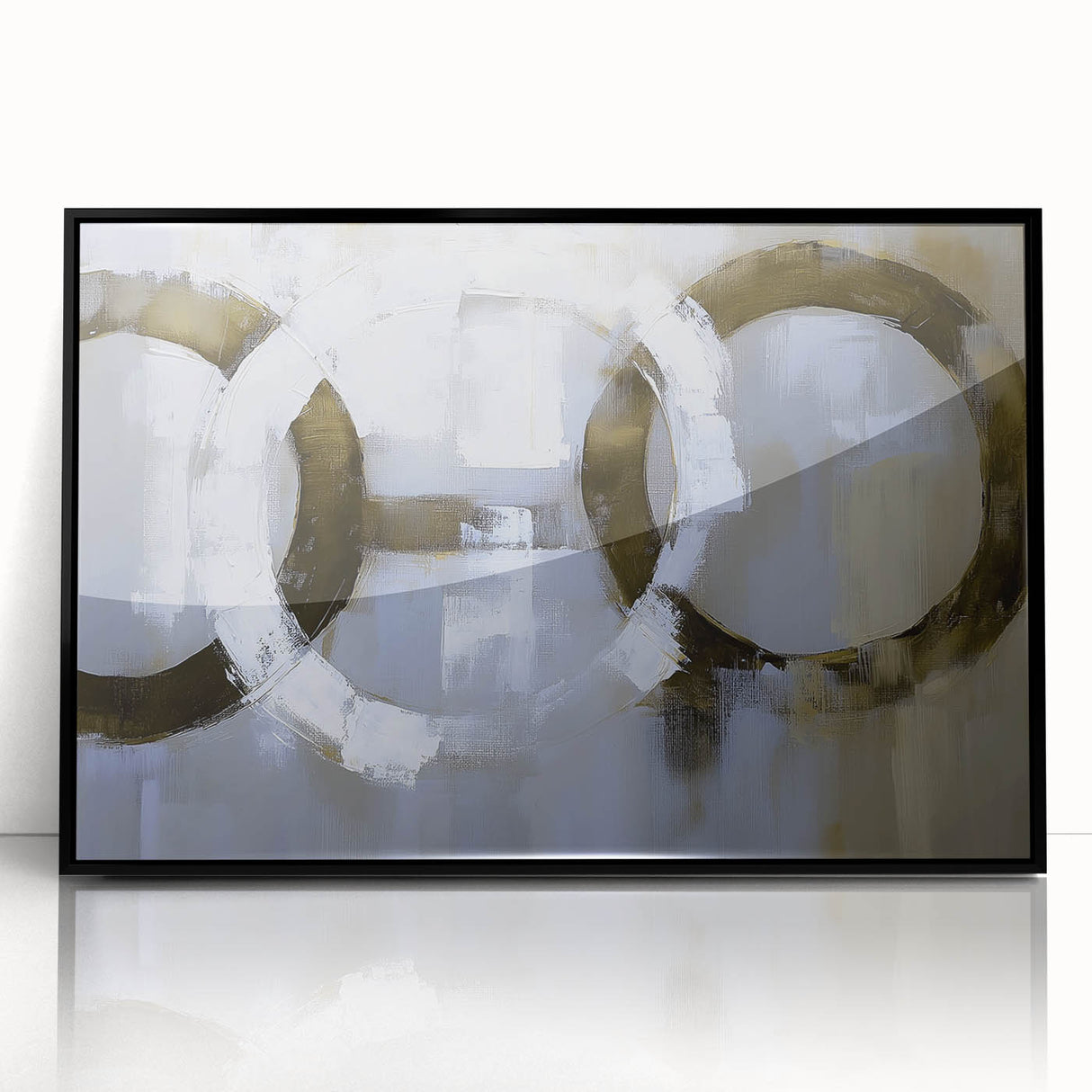 Abstract geometric framed acrylic artwork with a black front view, showcasing intricate shapes and vibrant colors, perfect for modern decor and artistic expression.