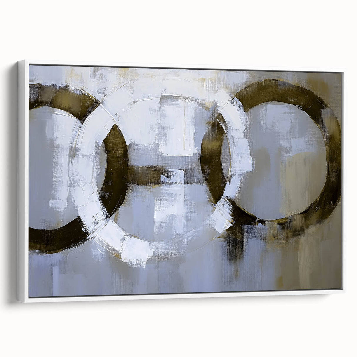 Abstract geometric framed canvas artwork showcasing a dynamic interplay of white and soft tones, perfect for modern home decor. The side view highlights its sleek frame and intricate design, making it an ideal statement piece for contemporary interiors.