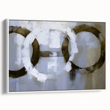 Abstract geometric framed canvas artwork showcasing a dynamic interplay of white and soft tones, perfect for modern home decor. The side view highlights its sleek frame and intricate design, making it an ideal statement piece for contemporary interiors.